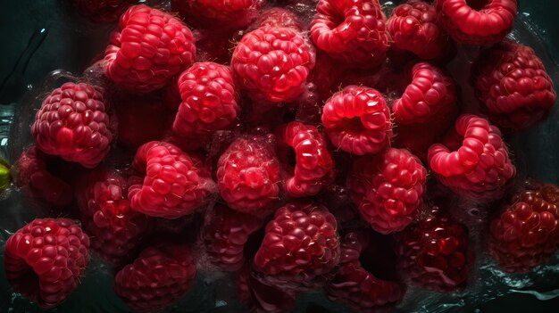 Fresh ripe raspberry with water drops background Berries backdrop Generative AI