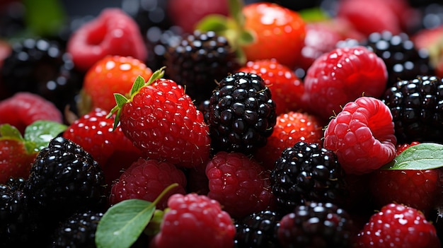 Photo fresh ripe red and blue blueberries with raspberries