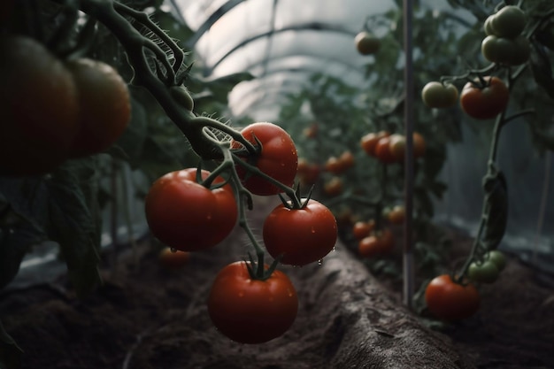 温室の新鮮な熟した赤いトマトの植物