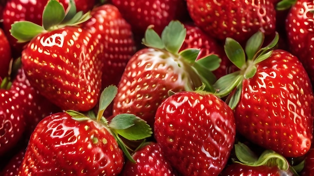 Fresh ripe strawberries background top down view Ai generated