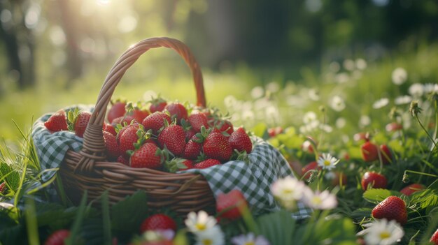 Fresh Ripe Strawberries in a Basket Sunny Cottagecore Summer Scene
