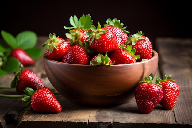 Fresh ripe strawberries in a bowl on a wooden background Selective focus