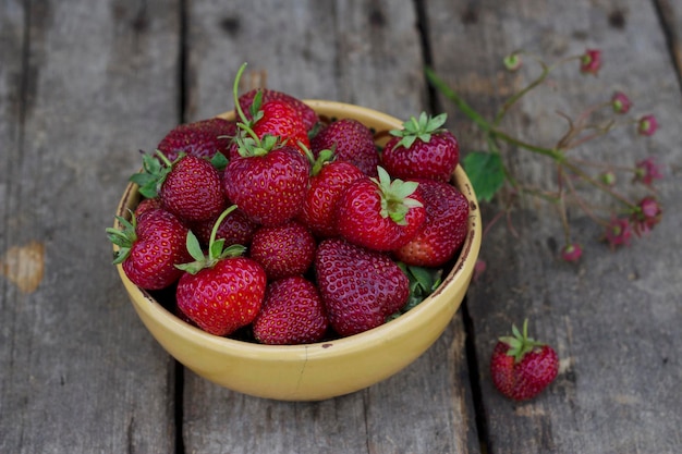 fresh ripe strawberries in ceramic bowl on wooden table