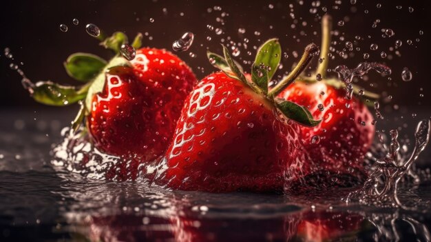 Foto fragole fresche mature che schizzano nell'acqua con goccioline dinamiche e increspature su uno sfondo scuro