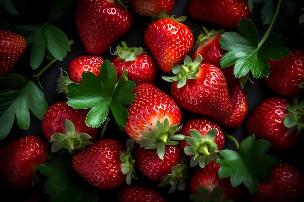 Fresh ripe strawberries with green leaves Close Up Ai Generative