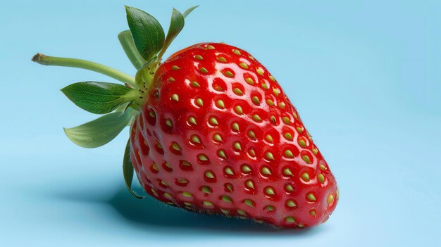 Fresh ripe strawberry isolated on a blue background The strawberry is red and juicy with green leaves The image is welllit and in focus