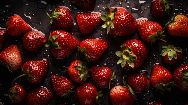 Fresh ripe strawberry with water drops background Berries backdrop Generative AI