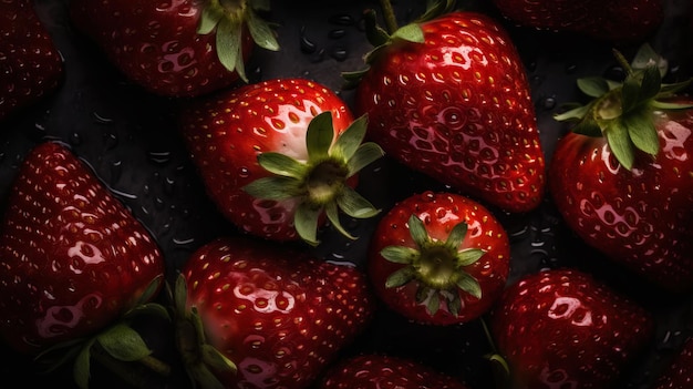 Fresh ripe strawberry with water drops background Berries backdrop Generative AI