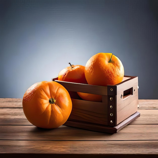 Photo fresh ripe tangerines with green leaves and a wooden crate on table generative ai