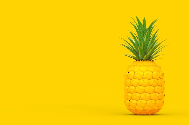 Fresh ripe tropical healthy nutrition yellow pineapple fruit with green leafs on a yellow background. 3d rendering