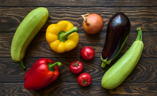 Fresh ripe vegetables on a wooden table