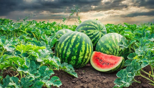 Fresh ripe watermelons on the field