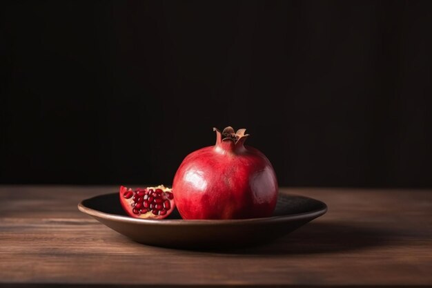 Fresh ripe whole pomegranate lies on a plate on a dark wooden background