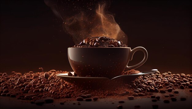 一杯のコーヒーと新鮮な焙煎コーヒー豆の背景