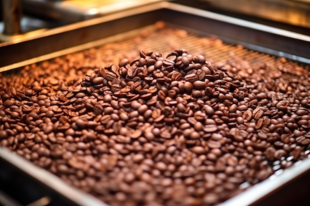 Fresh roasted coffee beans tumbling in a cooling tray