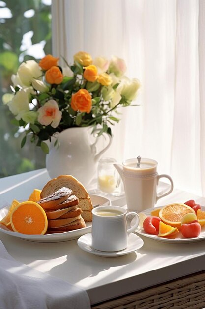 Photo fresh romantic breakfast table next to morning briliant light window