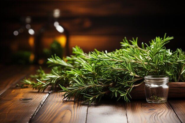 Fresh rosemary leaves on wood table with natural light realistic photography Generative AI