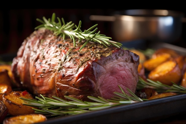 Photo fresh rosemary sprigs on top of a beef roast