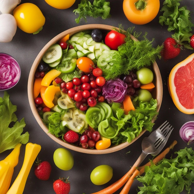 Свежая салатная миска с органическими овощами и многоцветными фруктами, созданными искусственным интеллектом