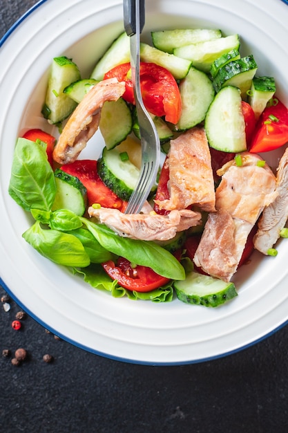 fresh salad chicken breast vegetables tomato cucumber lettuce diet food vitamin meal snack