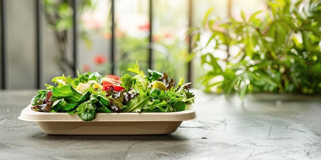 Fresh salad in ecofriendly packaging on table