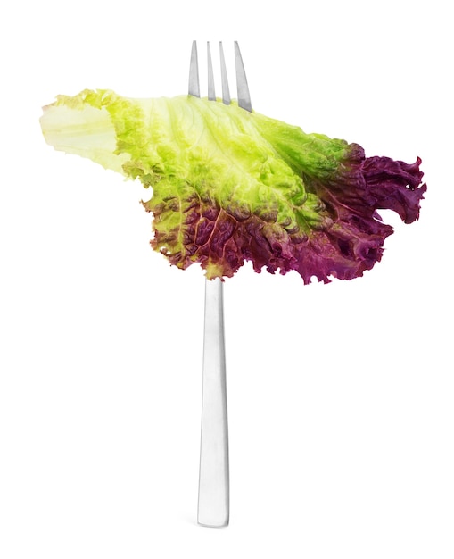 Photo fresh salad on fork on white background