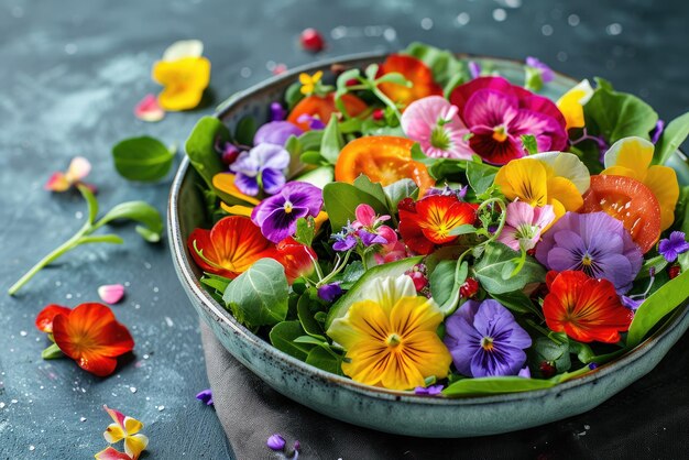 写真 エディブルフラワーで飾った春野菜のフレッシュサラダ