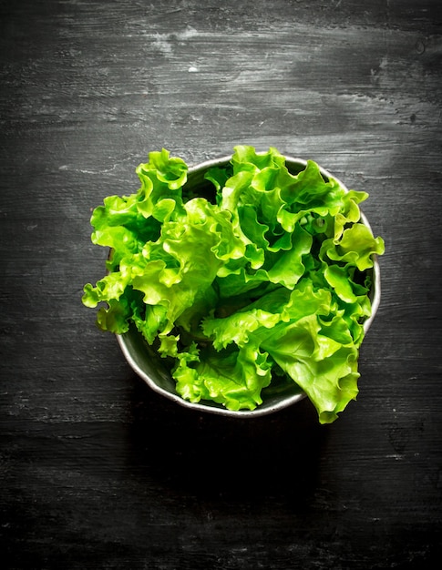 Fresh salad in a pot on the black wooden table