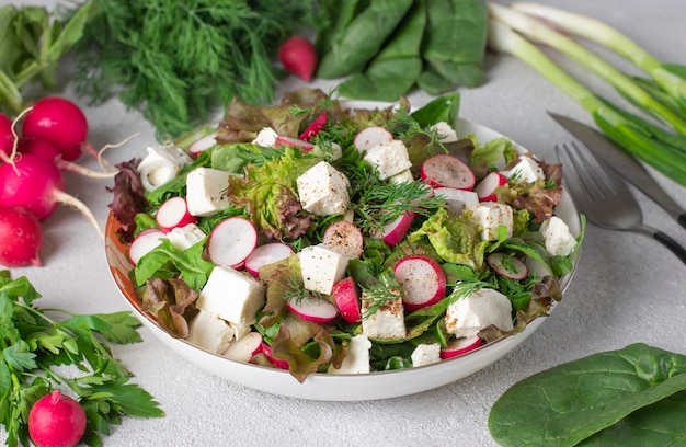 Fresh salad of radishes spinach dill and green onions with feta cheese