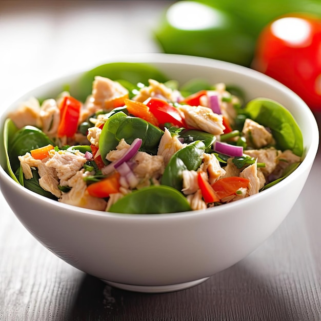 Fresh salad with chicken and vegetables in bowl on wooden table closeup