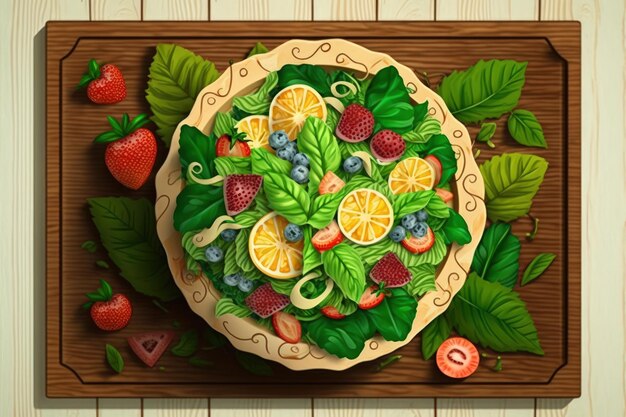 Fresh salad with fruits and greens on vintage wooden background top view with space for text