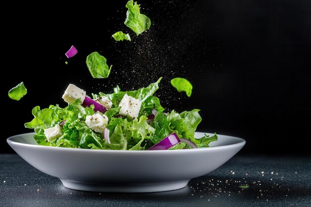 fresh salad with greens cheese and vibrant ingredients artfully arranged and ready to enjoy on a dark background