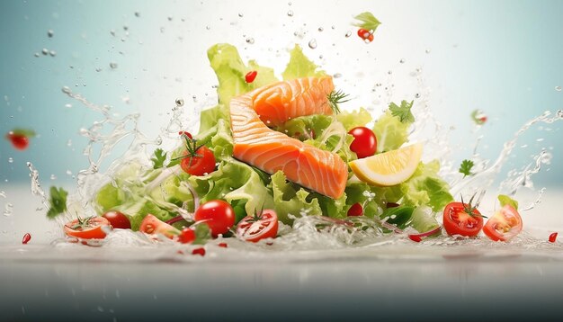 写真 赤い魚の新鮮なサラダ 自然な色のミニマリストの明るい背景のシャッターストック写真r