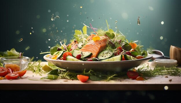 Fresh salad with red fish Natural colors minimalist bright background shutterstock photography r