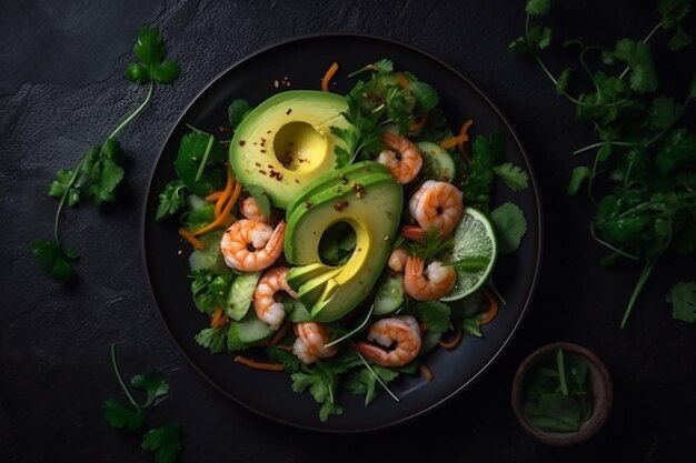 Fresh salad with shrimp avocado and herbs on a plate Generative AI