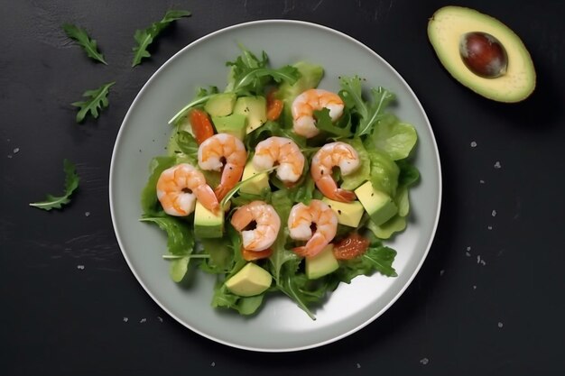 Fresh salad with shrimp avocado and herbs on a plate Generative AI