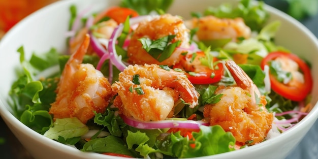 Fresh Salad With Shrimp in a White Bowl