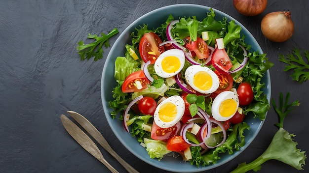fresh salad with vegetables tomatoes red onions lettuce and quail eggs healthy food and diet ai gen