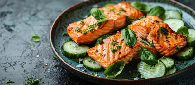 Foto salata di salmone fresco e cetriolo in ciotola