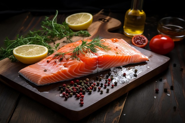 Fresh salmon fillet on black background