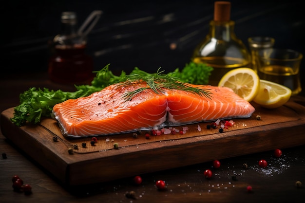 Fresh salmon fillet on black background