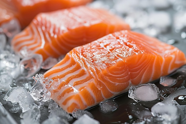 Fresh salmon fillet on ice close up