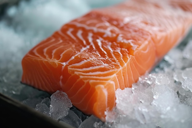 Fresh salmon fillet on ice close up