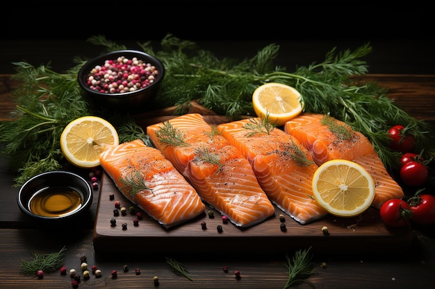 Fresh salmon fillet with herbs spices and vegetables on wooden background