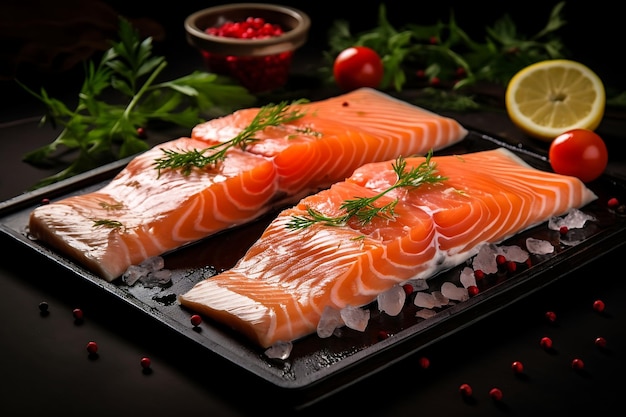 Fresh salmon fillet with lemon herbs and spices on black background