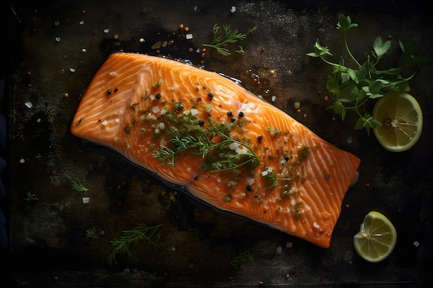 Fresh salmon fillet with lemon slices and herbs on top of it on a black plate