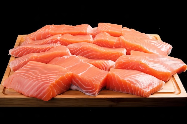 A fresh salmon fillet on a wooden cutting board