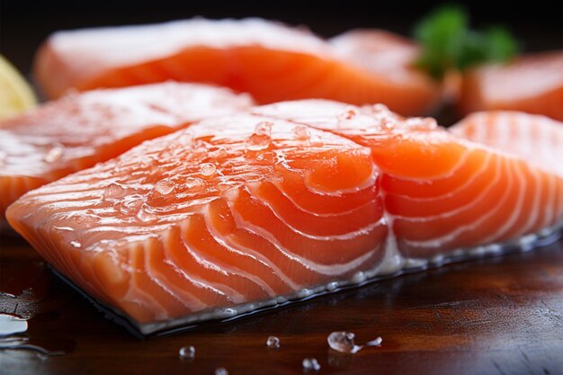 Fresh salmon fillets up close resting on a wooden tabletop