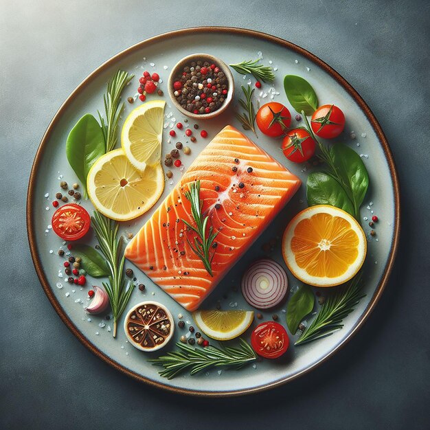 Photo fresh salmon fish piece with vegetables ai generated