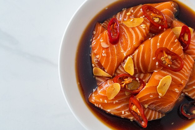 fresh salmon raw pickled in shoyu sauce or soy sauce